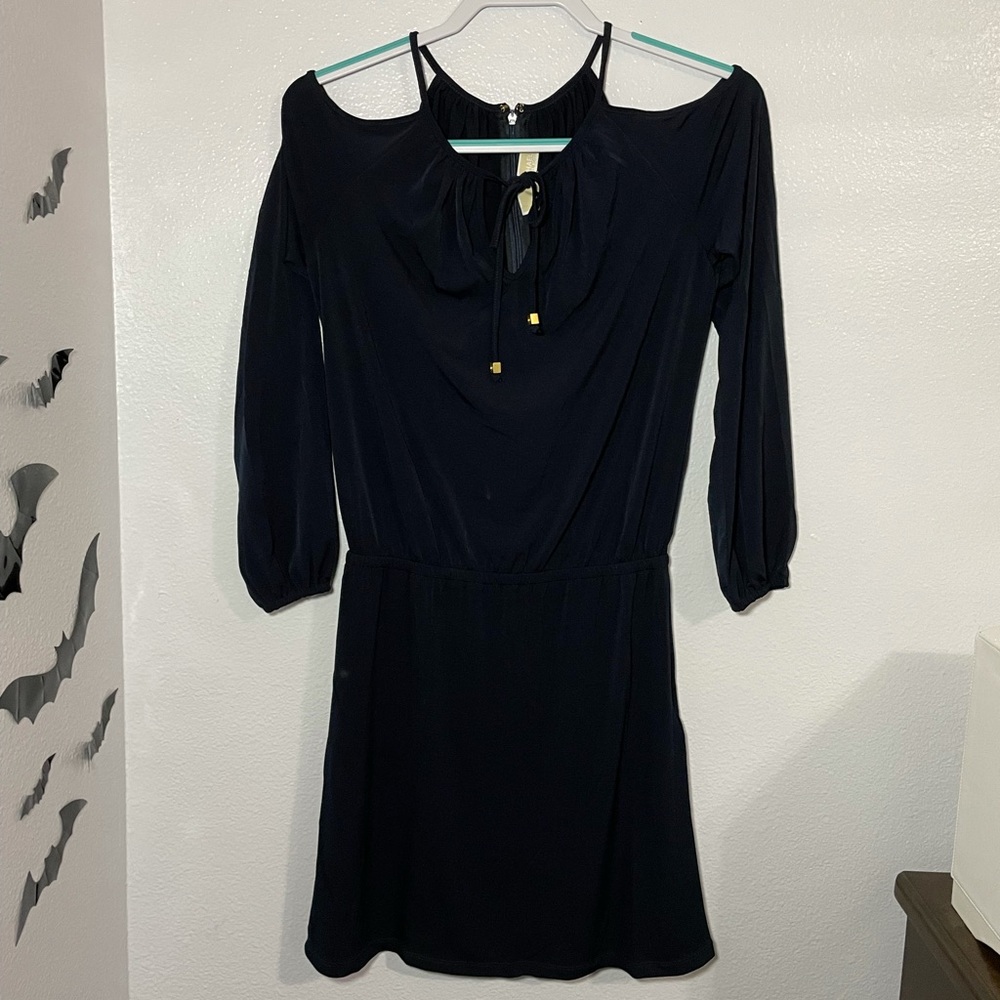 Navy open shoulder dress